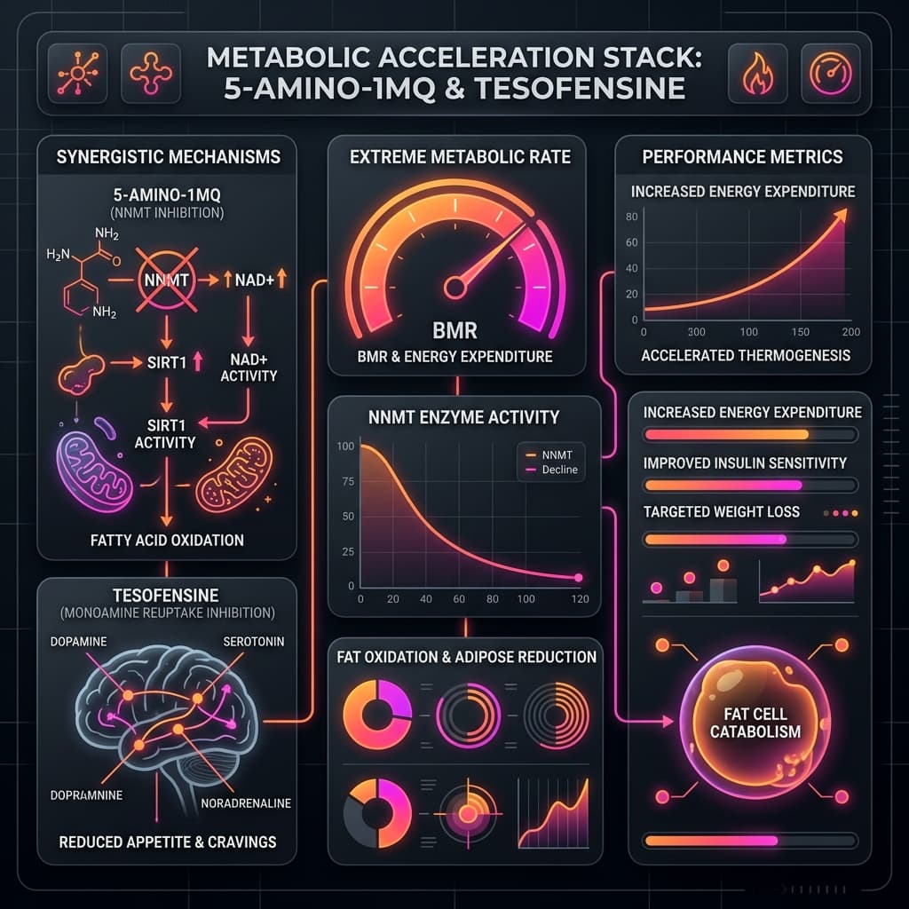 The Oral Metabolic Accelerator Diagram showing severe metabolic rate acceleration from 5-Amino-1MQ NNMT inhibition and Tesofensine appetite suppression.