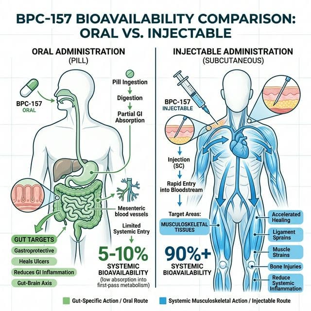 BPC-157 Oral vs Injectable: Absorption Pathways Bioavailability comparison diagram showing oral BPC-157 local gut absorption pathway versus subcutaneous injection systemic distribution with percentage absorption estimates