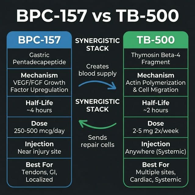 BPC-157 vs TB-500 Comparison Chart Head-to-head comparison chart of BPC-157 vs TB-500 showing mechanism, half-life, dosing, injection site preference, and best use cases