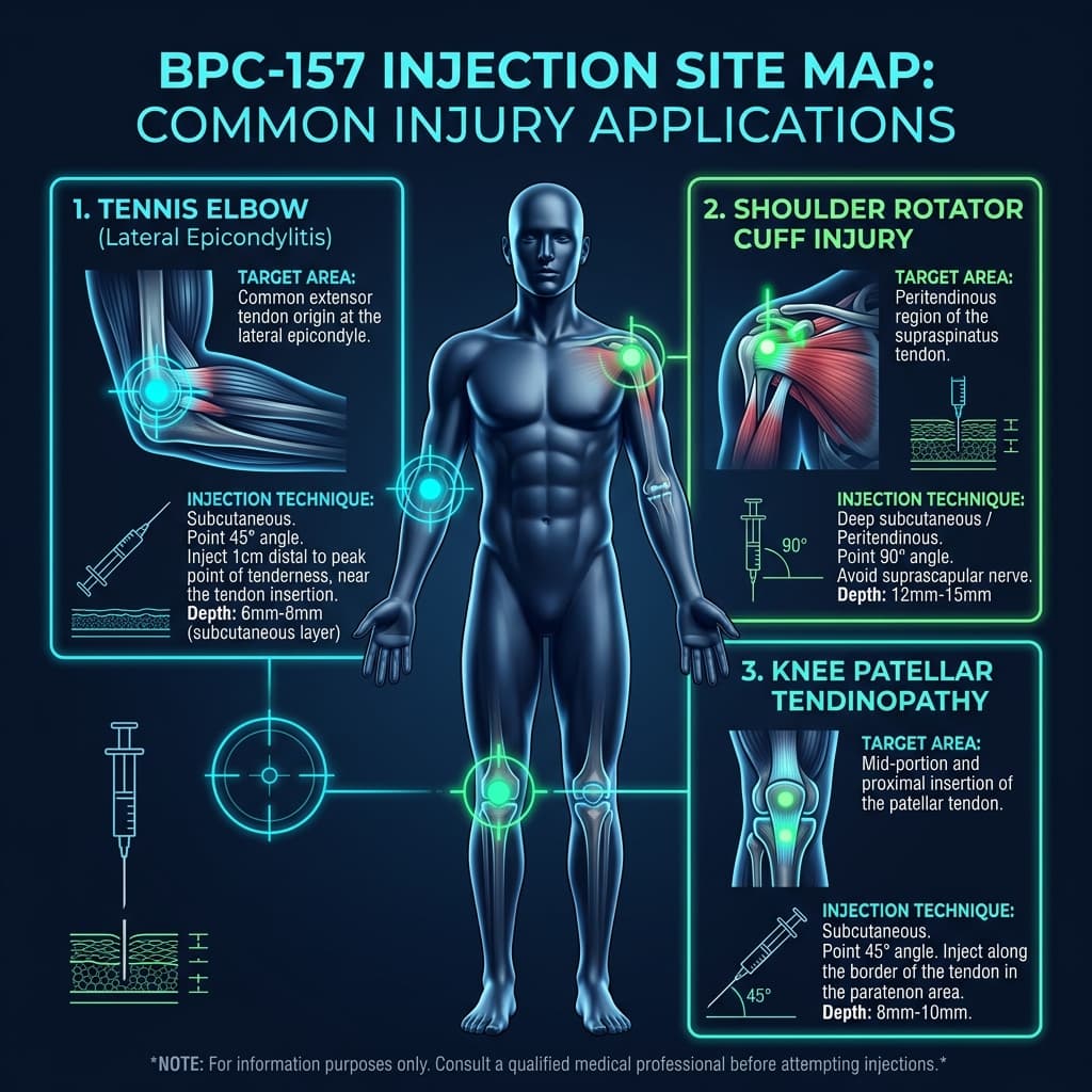 BPC-157 Injection Site Topography BPC-157 injection site map for tennis elbow, shoulder, and knee injuries