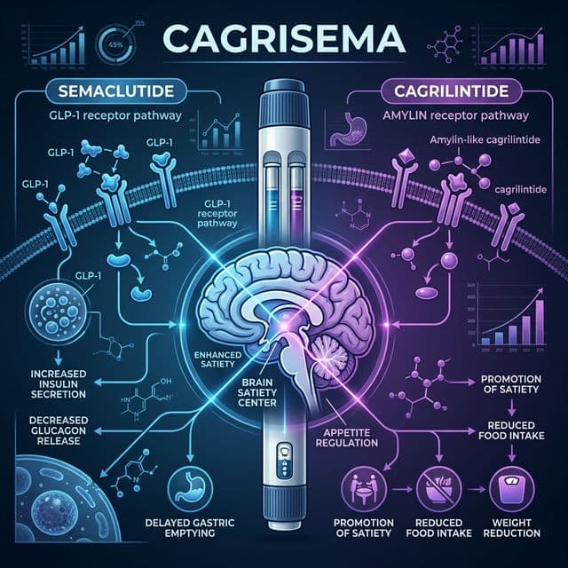 CagriSema: Dual Glycemic & Satiety Control Clinical diagram showing how the co-formulation of Semaglutide and Cagrilintide targets both GLP-1 and Amylin receptors to drive superior clinical outcomes.