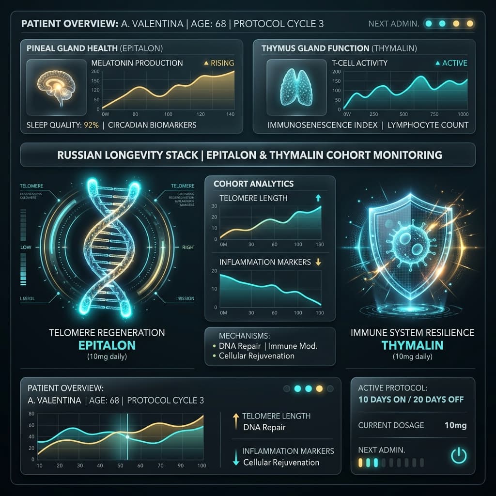 Russian Bioregulator Longevity Data DNA helix showing Epitalon telomerase activation alongside an immune system shield visualizing Thymalin T-cell rejuvenation.