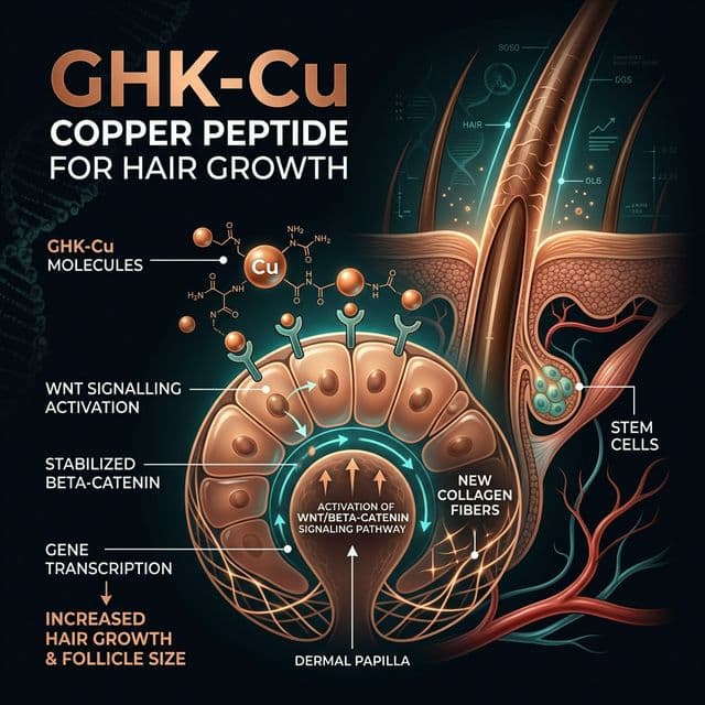 GHK-Cu: Follicular Neogenesis Microscopic diagram detailing GHK-Cu upregulating follicle anagen phase and inhibiting 5-alpha reductase locally.