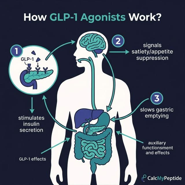 How GLP-1 Receptor Agonists Work - Mechanism of Action Infographic showing how GLP-1 receptor agonists work: binding to pancreas for insulin secretion, brain for appetite suppression, and stomach for slowed gastric emptying