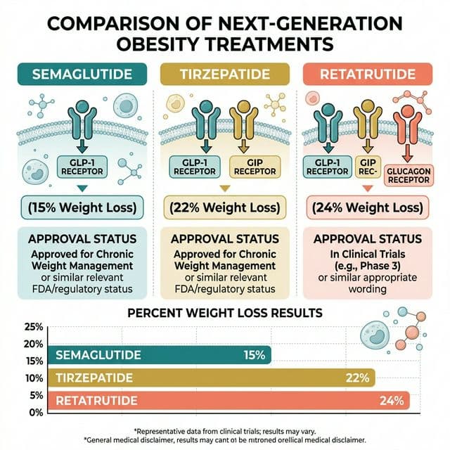 GLP-1 Drugs Compared: Single vs Dual vs Triple Agonist Three-way comparison chart of semaglutide single agonist vs tirzepatide dual agonist vs retatrutide triple agonist showing receptor targets, weight loss data, and approval status
