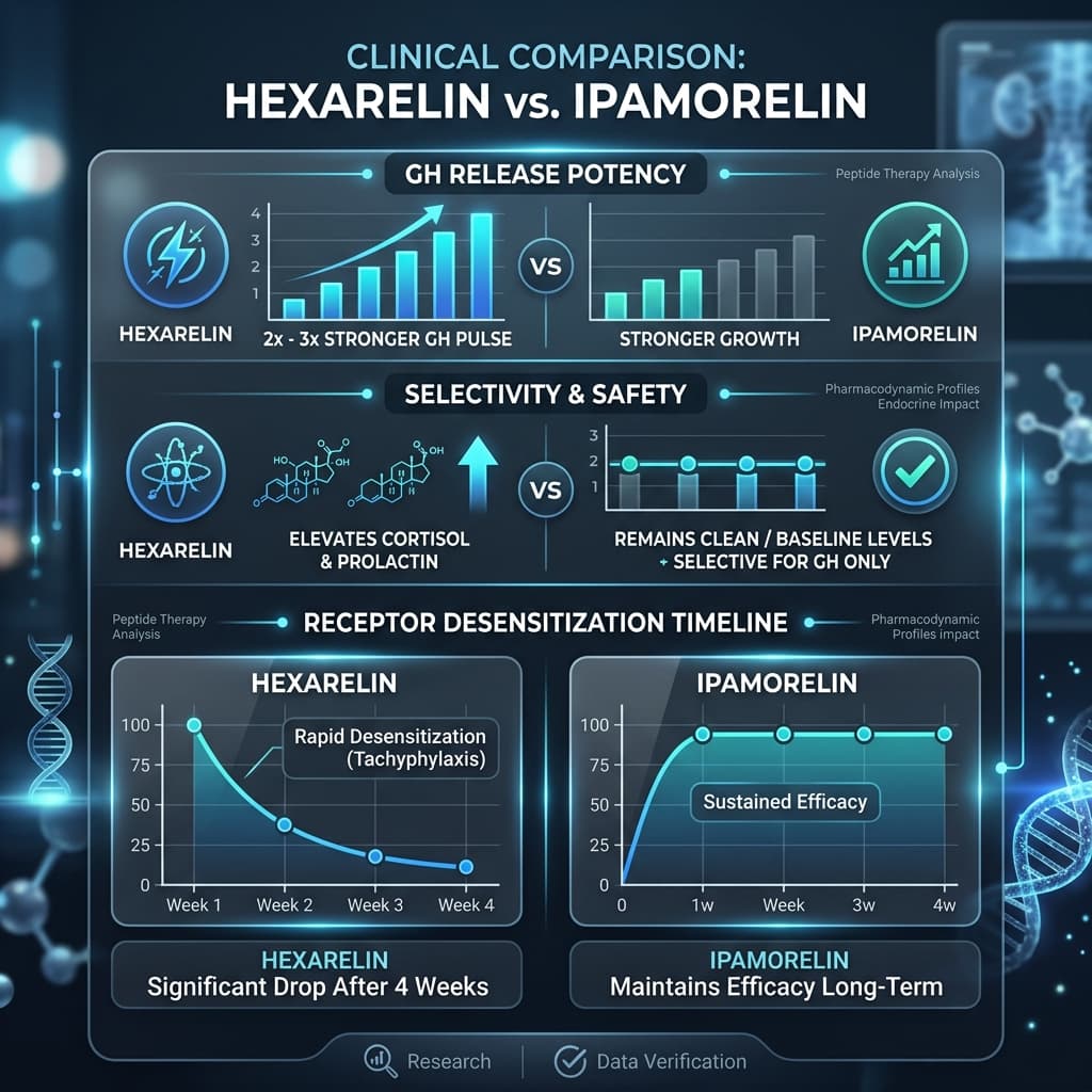 Hexarelin vs Ipamorelin: Selectivity Comparison High-precision clinical comparison chart of Hexarelin vs Ipamorelin detailing GH release potency, selectivity, cortisol/prolactin elevation, and receptor desensitization timelines.