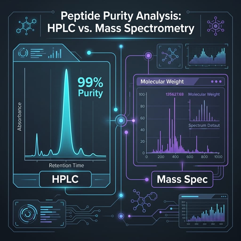 Peptide Purity Analysis: HPLC vs. Mass Spectrometry Dual-panel analytical interface comparing an HPLC chromatogram showing 99% sequence purity against a Mass Spectrometry analysis confirming exact molecular identity.
