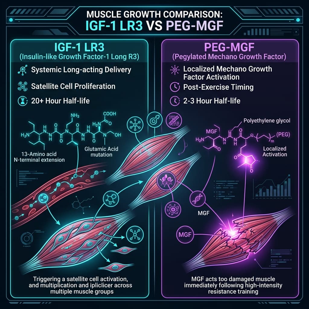 IGF-1 LR3 vs PEG-MGF: Hypertrophy Mechanisms IGF-1 LR3 vs PEG-MGF muscle growth comparison showing systemic vs localized delivery