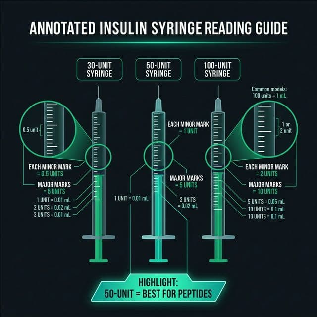 How to Read Insulin Syringe Tick Marks Annotated visual guide for reading insulin syringe tick marks on 30-unit, 50-unit, and 100-unit syringes with precision comparison