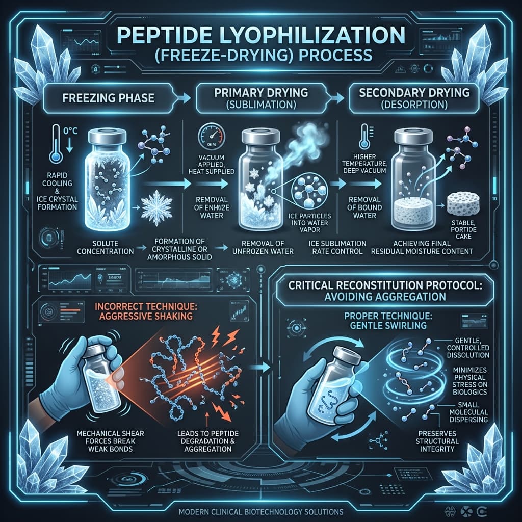 Lyophilization: From Ice to Puck Peptide lyophilization freeze-drying process and why shaking destroys peptide bonds