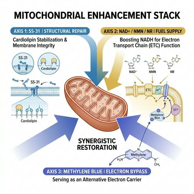 The Mitochondrial Enhancement Stack Mitochondrial enhancement stack diagram showing SS-31 structural repair plus NAD+ fuel supply plus methylene blue electron bypass with three independent mechanisms converging