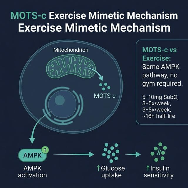 MOTS-c Exercise Mimetic Mechanism Diagram of MOTS-c mitochondrial signaling pathway showing how the mitokine activates AMPK, stimulates GLUT4 translocation, and mimics exercise metabolism