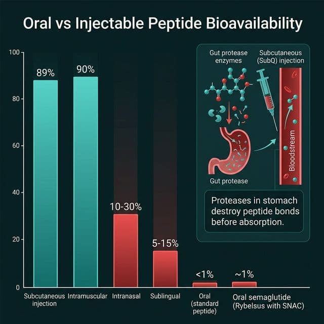 Oral vs Injectable Peptide Bioavailability Comparison Bioavailability comparison chart showing subcutaneous injection at 89 percent versus oral semaglutide SNAC at 1 percent versus BPC-157 oral gut-local at 5-10 percent