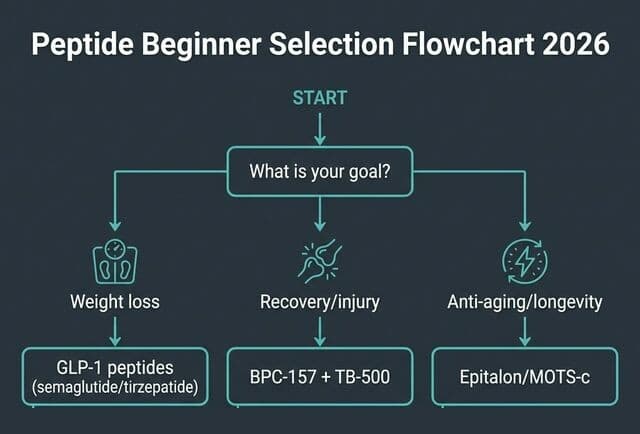 Peptide Beginner Flowchart: Start With Your Goal Beginner flowchart: start with your goal, then weight loss leads to GLP-1 peptides (semaglutide or tirzepatide), recovery or injury leads to BPC-157 plus TB-500, and anti-aging or longevity leads to epitalon or MOTS-c.