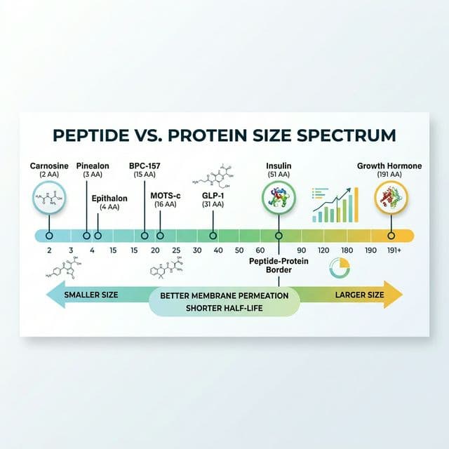 Peptide vs Protein Size Spectrum Peptide size spectrum showing dipeptides through proteins with examples: carnosine (2 AA), Pinealon (3 AA), BPC-157 (15 AA), GLP-1 (31 AA), Growth Hormone (191 AA)