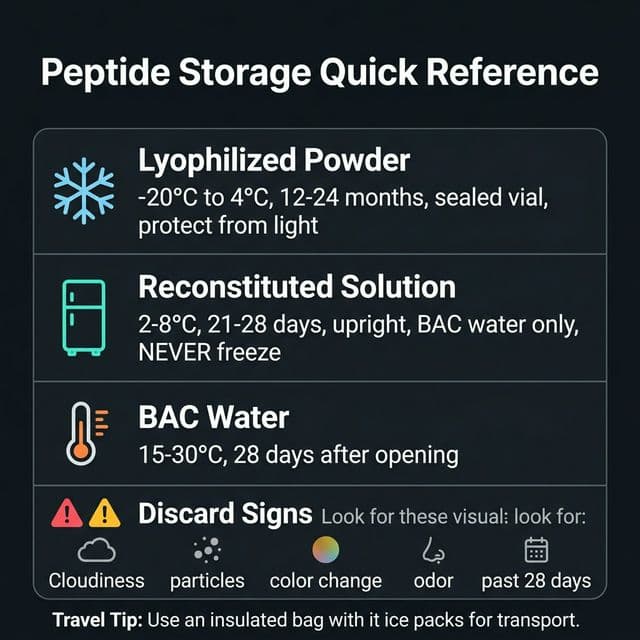Peptide Storage Quick Reference Matrix Peptide storage matrix infographic showing temperature requirements, shelf life, and storage conditions for lyophilized powder, reconstituted solutions, and bacteriostatic water