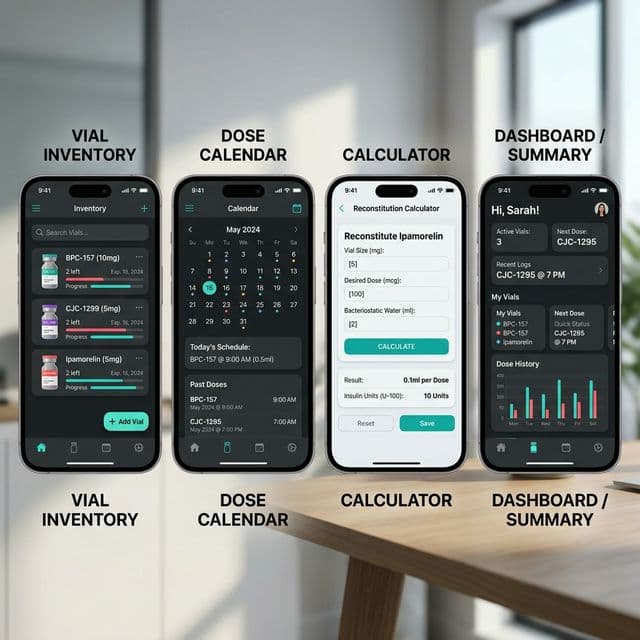 Digital Protocol Management Comparison UI graphic analyzing modern applications for tracking peptide dosing, half-lives, and injection sites.