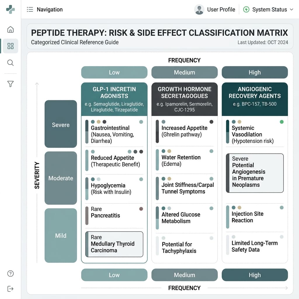 Peptide Adverse Events Matrix A hyper-modern clinical matrix illustrating peptide adverse events across classes. It shows GLP-1s generating GI distress, GH Secretagogues driving fluid retention, and Dihexa with neural pathway cautions. Glowing neon data visualizations indicate severity and prevalence.