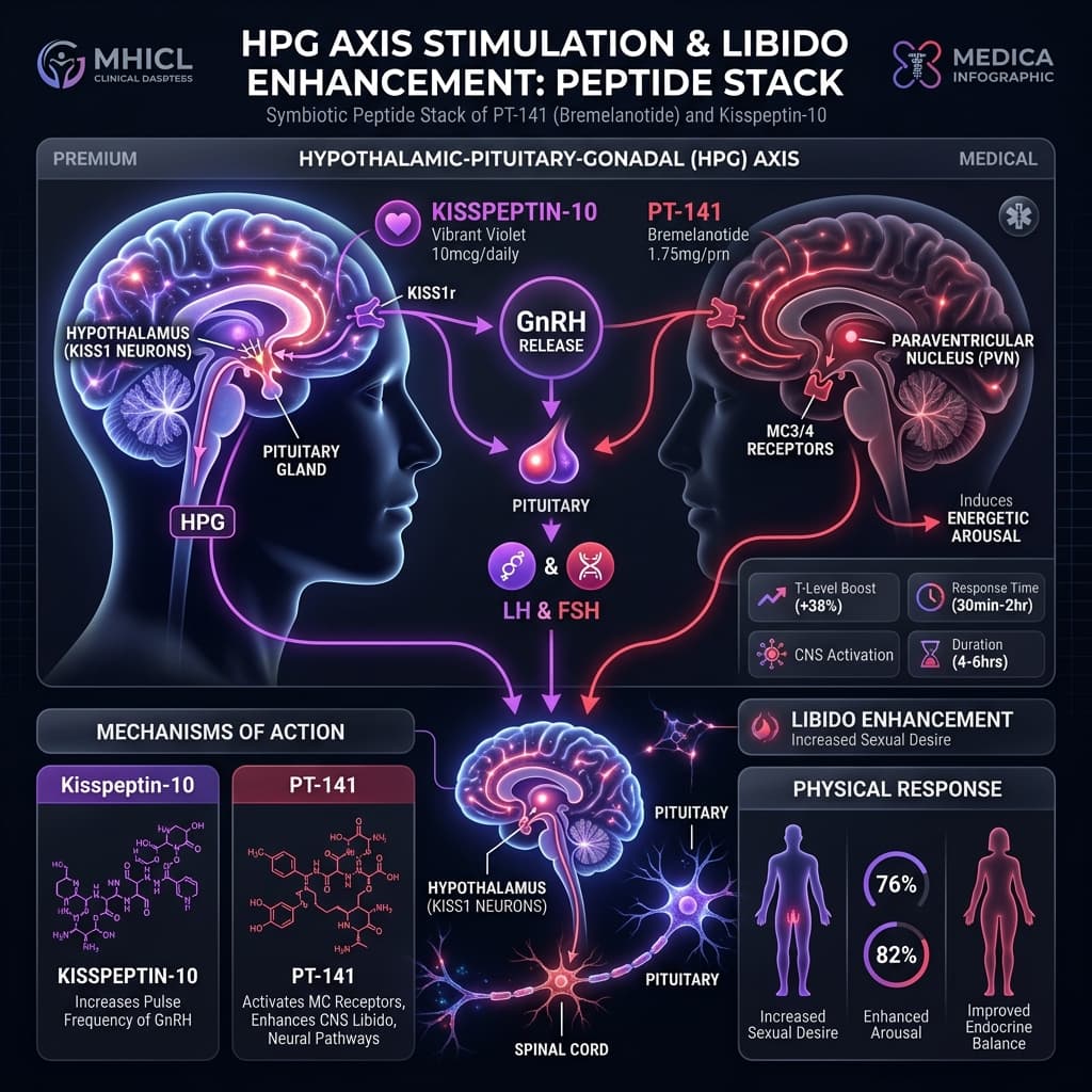 Dual-Axis Libido Enhancement Neural pathway graph of PT-141 stimulating hypothalamic arousal while Kisspeptin-10 activates the HPG endocrine axis.