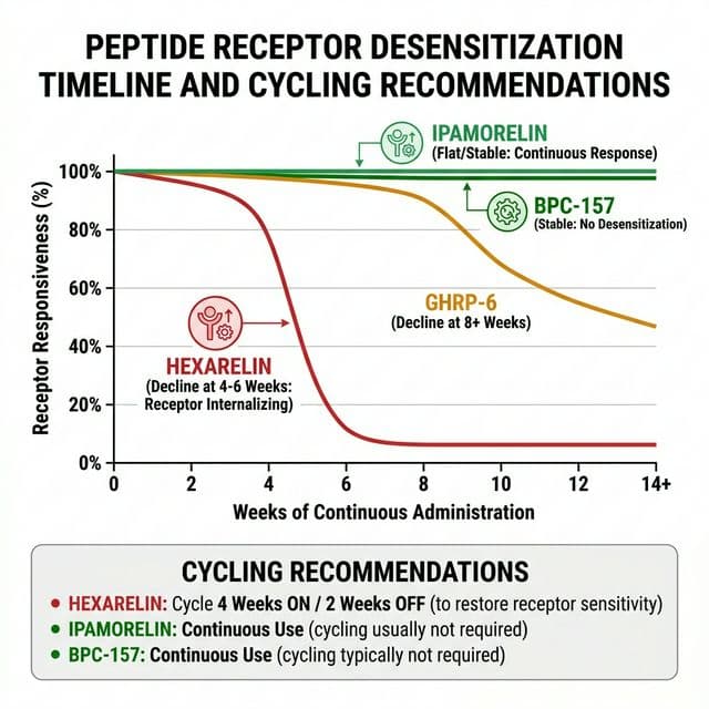 Receptor Desensitization: Which Peptides Need Cycling? Receptor desensitization timeline showing hexarelin losing efficacy at 4-6 weeks versus ipamorelin maintaining response indefinitely with cycling protocol recommendations