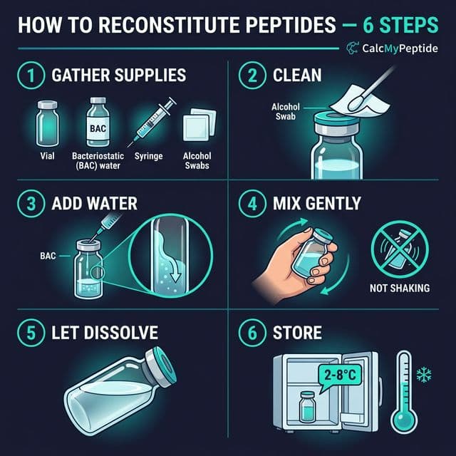 How to Reconstitute Peptides - 6-Step Visual Guide Step-by-step infographic showing the 6 steps to reconstitute peptides: gather supplies, clean vial stopper, add BAC water, swirl gently, let dissolve, and store in refrigerator