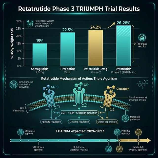 Retatrutide Triple Agonist vs Tirzepatide vs Semaglutide Retatrutide GLP-1 GIP glucagon triple receptor agonist mechanism compared to tirzepatide dual agonist and semaglutide single agonist with weight loss percentage results from clinical trials