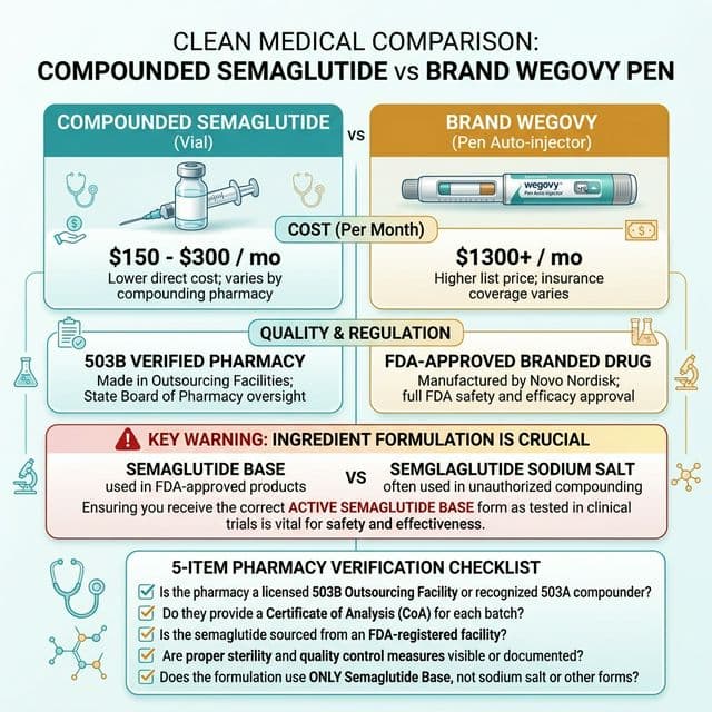 Brand vs Compounded Semaglutide Comparison of compounded semaglutide in a multi-dose vial versus the brand Wegovy auto-injector pen, covering typical monthly cost ranges, pharmacy quality and regulation, the semaglutide base versus salt-form warning, and a five-item pharmacy verification checklist.