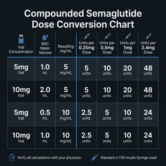 Compounded Semaglutide Dose Conversion Chart Compounded semaglutide dose conversion chart showing common vial strengths, BAC water volumes, concentrations, and syringe units for doses from 0.25 to 2.4 mg