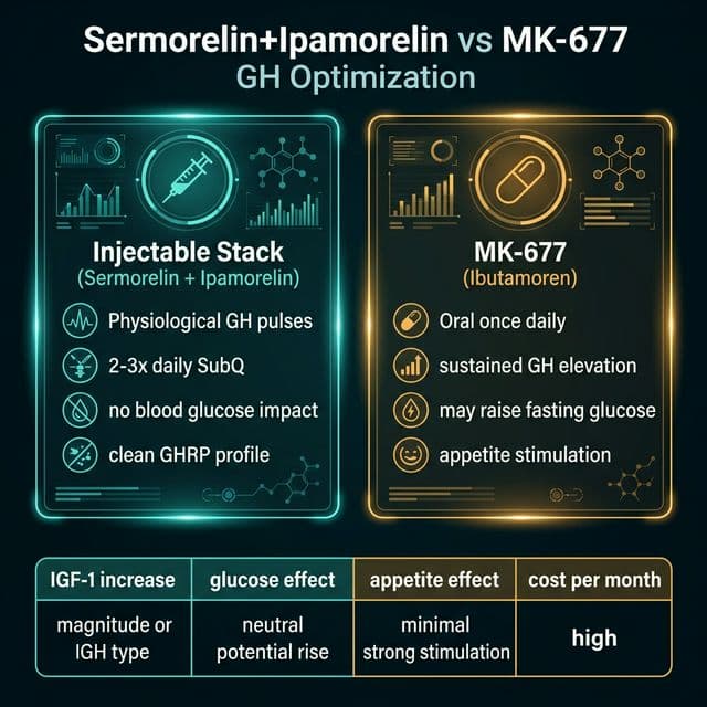 Sermorelin + Ipamorelin vs MK-677 Comparison Side by side comparison of sermorelin ipamorelin injectable stack versus MK-677 oral ibutamoren showing half-life GH pulse pattern cortisol effect and IGF-1 elevation