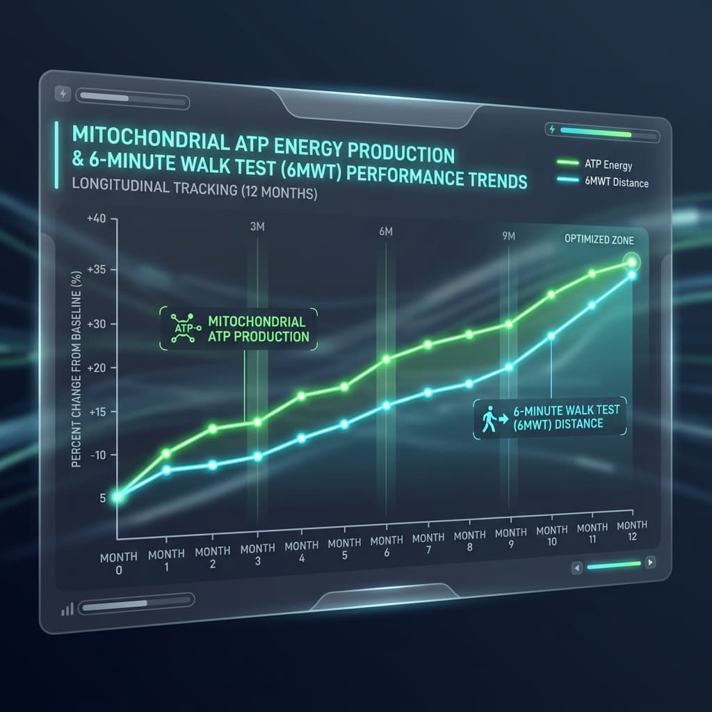 SS-31 (Elamipretide) Energy Output Efficacy SS-31 clinical efficacy graph showing massive improvement in 6-minute walk test and ATP production