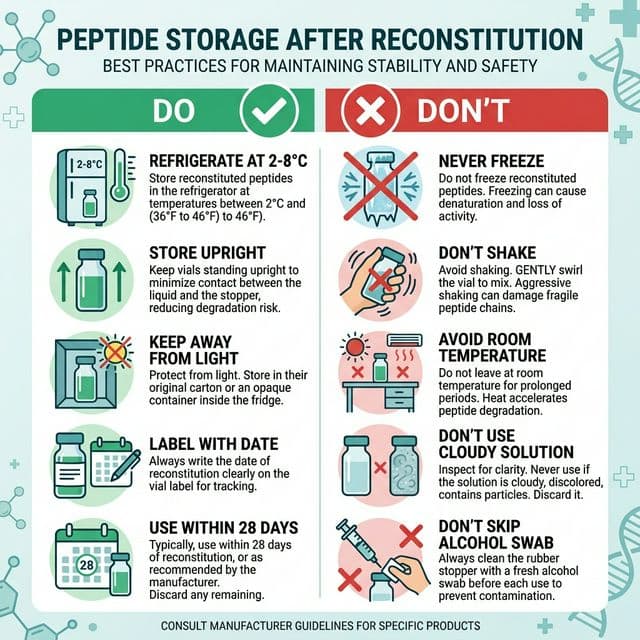 Reconstituted Peptide Storage Guidelines Infographic showing peptide storage do and don't rules: refrigerate at 2-8 degrees Celsius, store upright, never freeze, discard after 28 days
