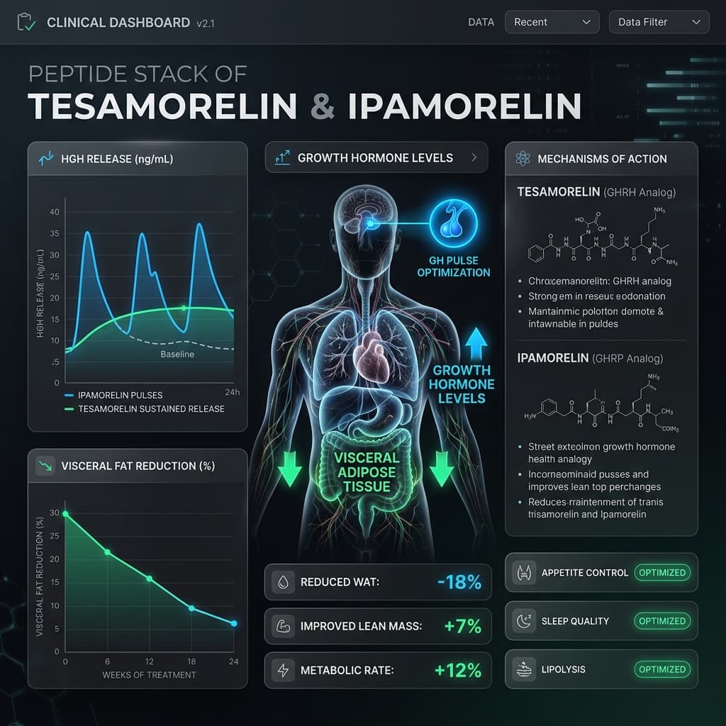 The Visceral Fat Stack Mechanism Clinical dashboard illustrating Tesamorelin targeting visceral fat reduction and Ipamorelin optimizing GH pulse levels.
