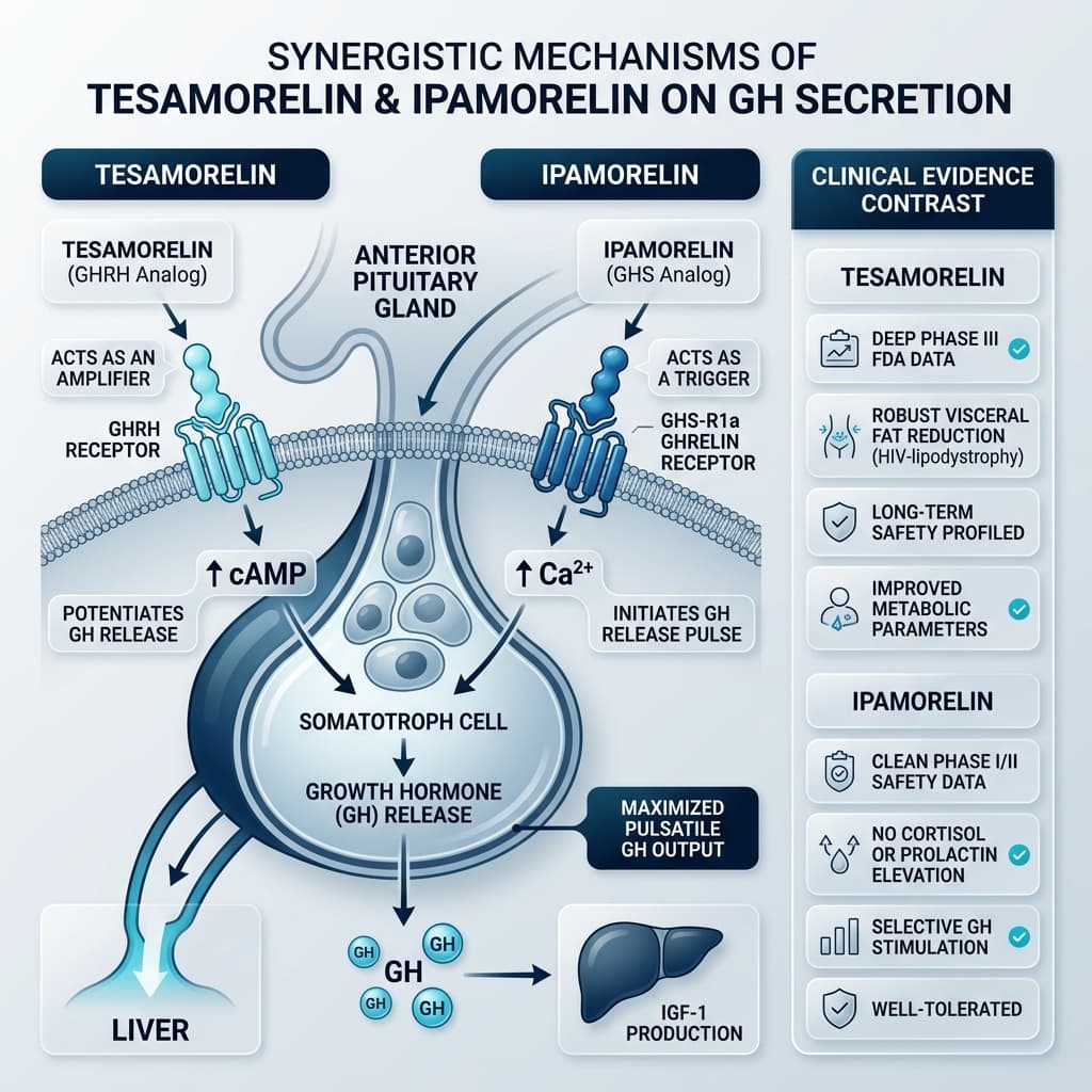 Tesamorelin vs Ipamorelin: Two Receptors, One GH Pulse Mechanism diagram of a pituitary somatotroph cell: tesamorelin (GHRH analog) binds the GHRH receptor and raises cAMP as the amplifier, ipamorelin (GHS-R1a agonist) raises calcium as the trigger, and the combined growth hormone release drives liver IGF-1 production, with a side panel contrasting each compound's clinical evidence.