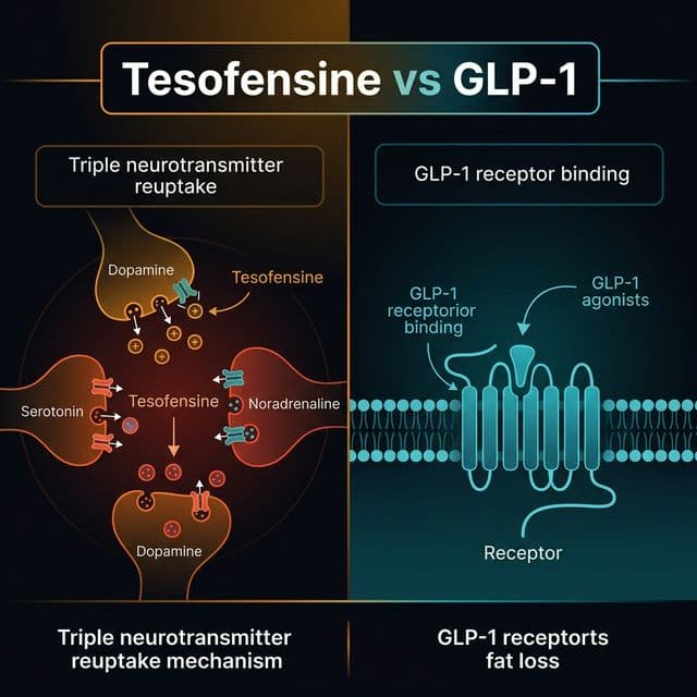 Tesofensine vs GLP-1: Mechanism Divergence Infographic contrasting the monoamine reuptake inhibition of Tesofensine with the incretin receptor agonism of GLP-1 medications.