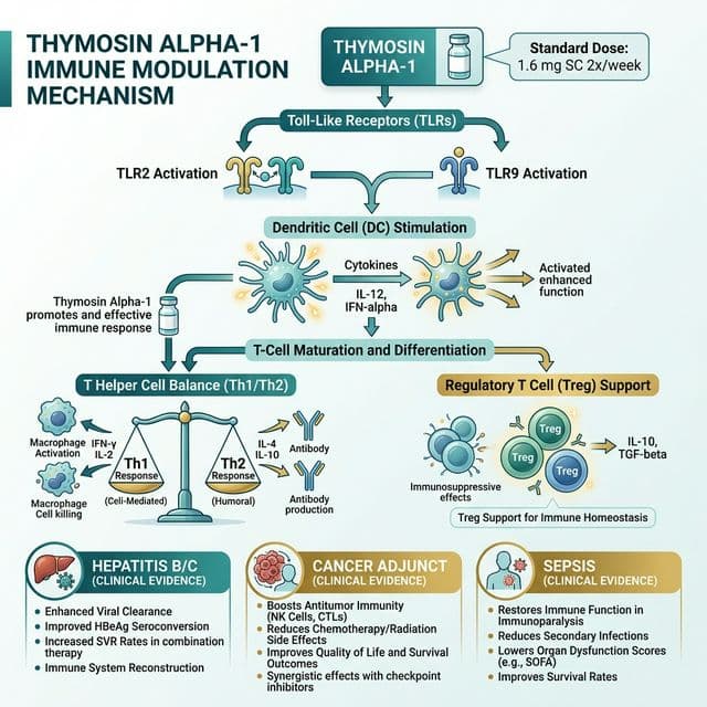 Thymosin Alpha-1: Immune Modulation Mechanism Thymosin alpha-1 immune modulation diagram showing TLR2/TLR9 activation, dendritic cell stimulation, T-cell maturation pathways, and evidence across hepatitis, cancer, and sepsis