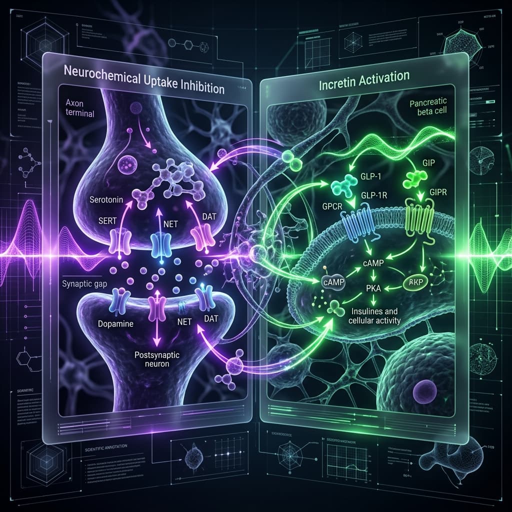 Tirzepatide + Tesofensine: Dual-Pathway Satiety Dual-pathway schematic illustrating Tirzepatide incretin agonism paired with Tesofensine monoamine reuptake inhibition.