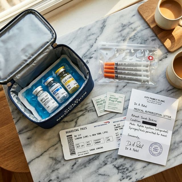 Cold-Chain Travel Guidelines Photo of a peptide travel kit: insulated cooler with ice pack and labelled vials, sealed syringes in a clear pouch, alcohol prep pads, a boarding pass and a clinic letter authorizing travel with injectable medication.