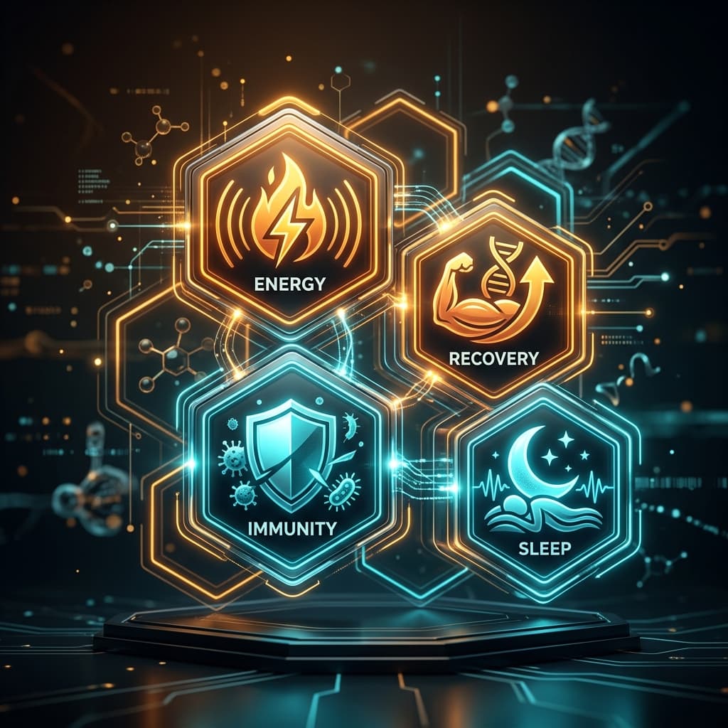 Decoding the Vitality Stack Graphic of the four goals vitality protocols are marketed for: energy, recovery, immunity and sleep.