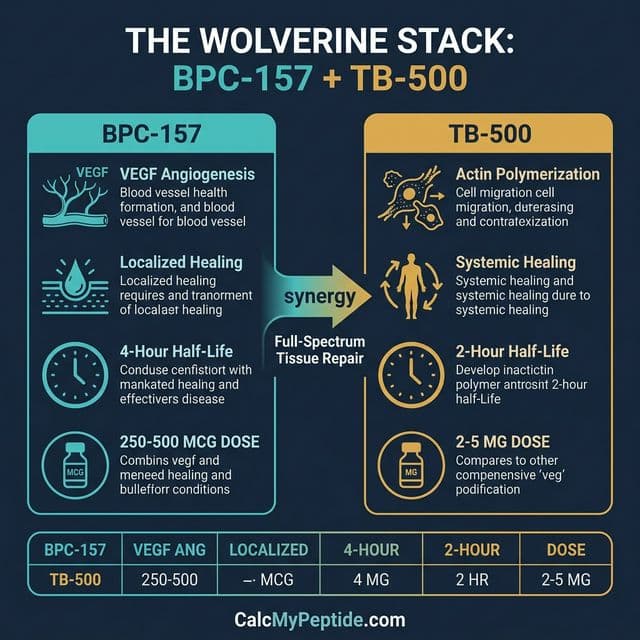 Wolverine Stack: BPC-157 + TB-500 Dual Mechanism Comparison Wolverine Stack infographic showing BPC-157 plus TB-500 dual mechanism comparison chart with VEGF angiogenesis pathway and actin cell migration pathway